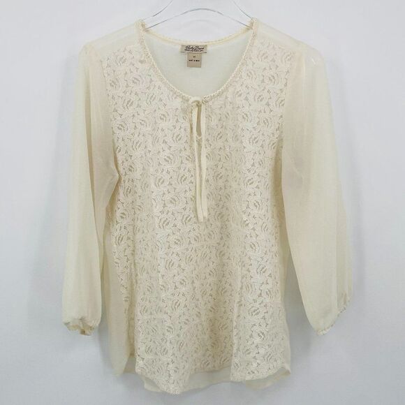 Lucky Brand Size Medium Ivory Floral Lace Front 3/4 Sleeve Boho Blouse Top - Picture 1 of 7